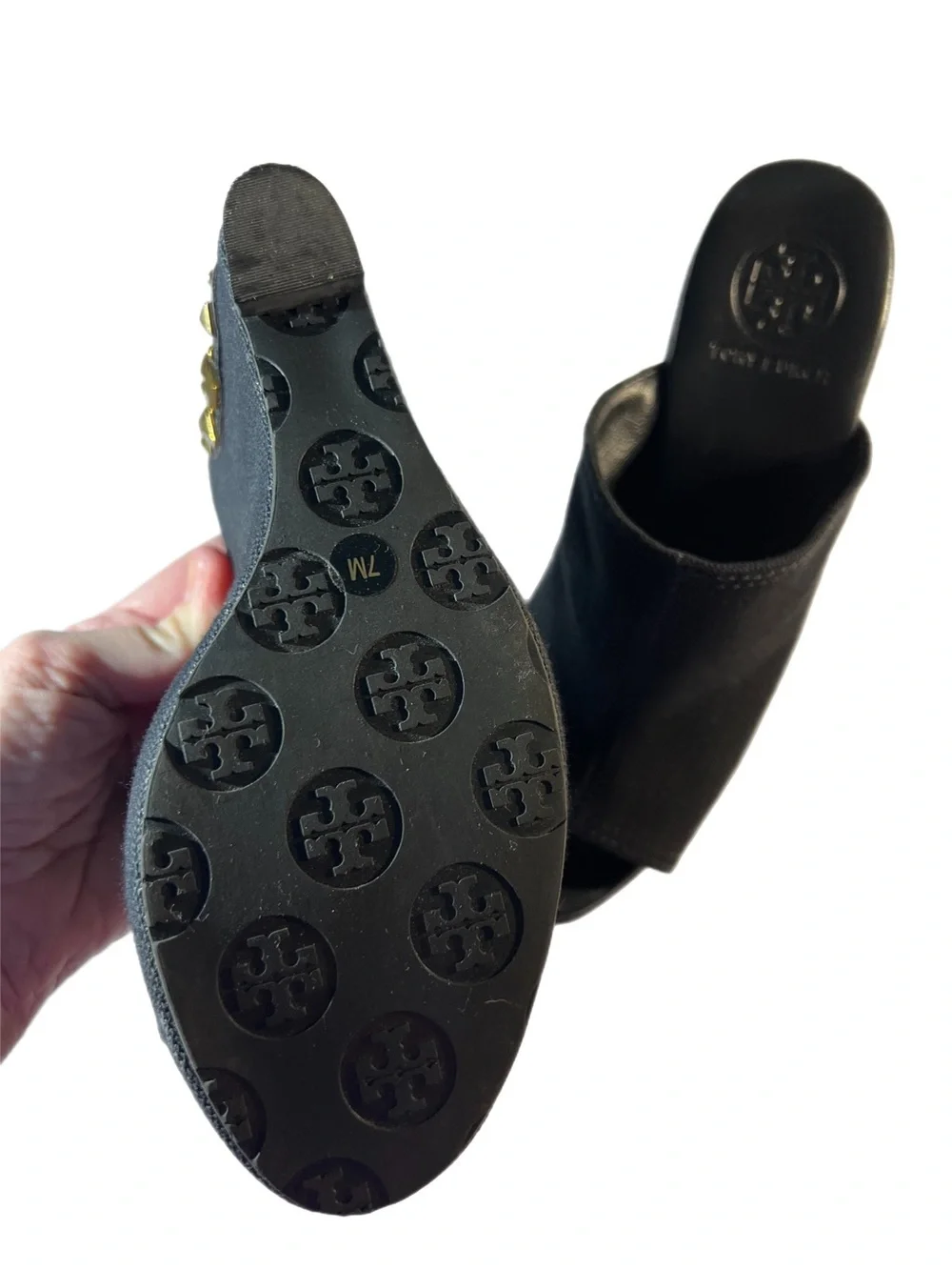 EUC Tory Burch Canvas Meredith Studded Peep-Toe Wedges  Black gold size 7